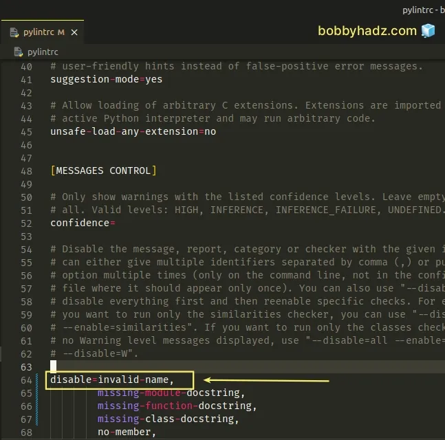 disable invalid name warning pylintrc