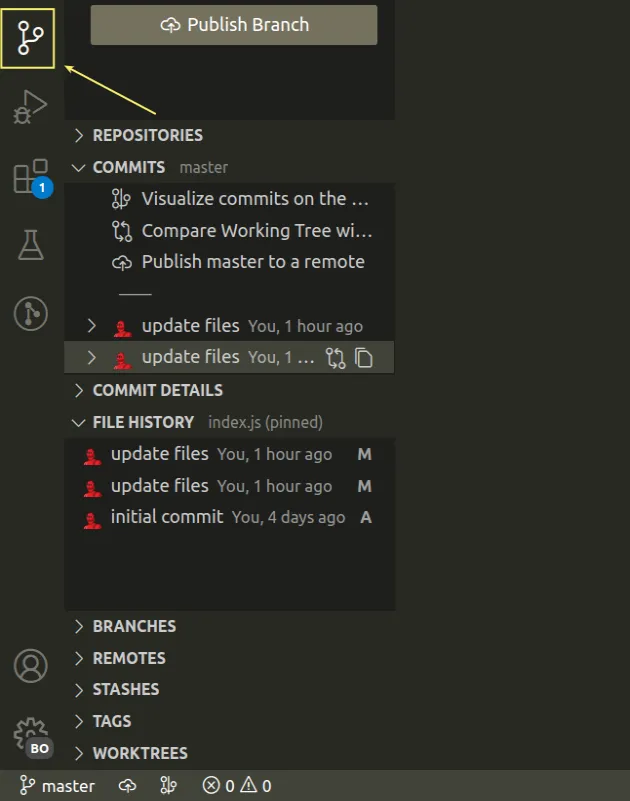 view commits and file history using gitlens