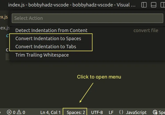 convert to tabs or spaces using status bar