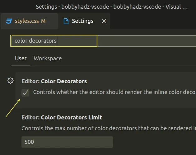 enable editor color decorators