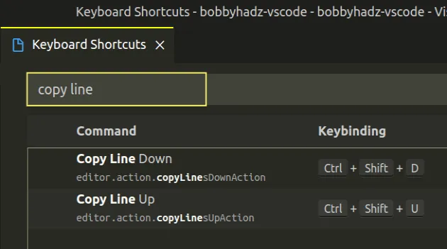 change keyboard shortcut for copy line commands