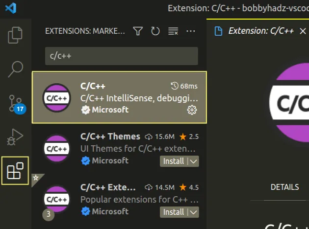 c cpp extension installed and enabled
