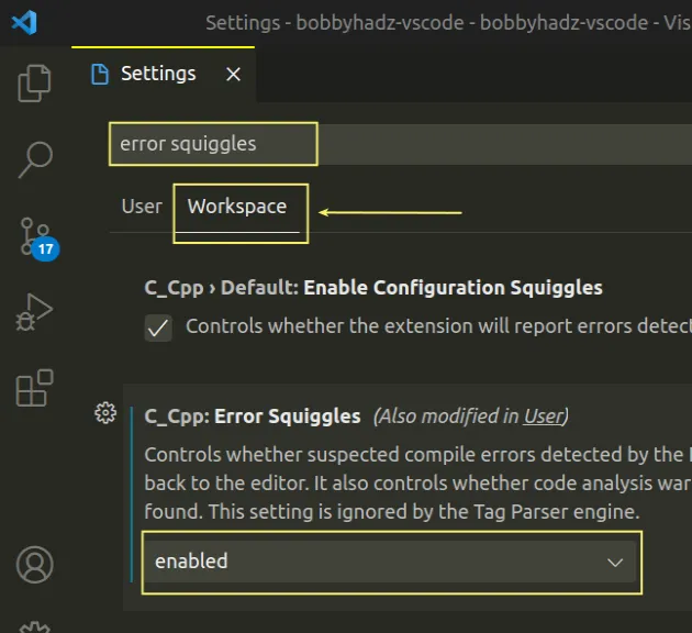 enable error squiggles for workspace