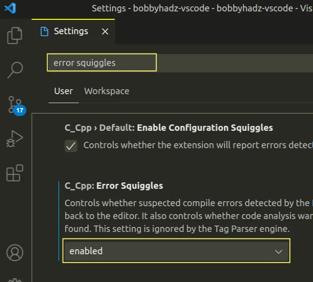 set error squiggles to enabled