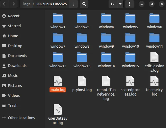 vscode contents logs folder