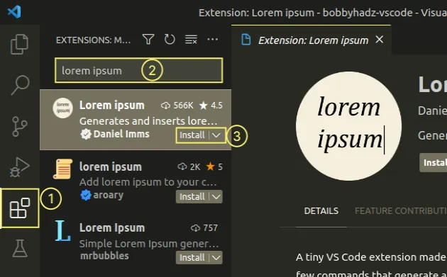 install lorem ipsum extension