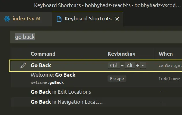 change go back keyboard shortcut