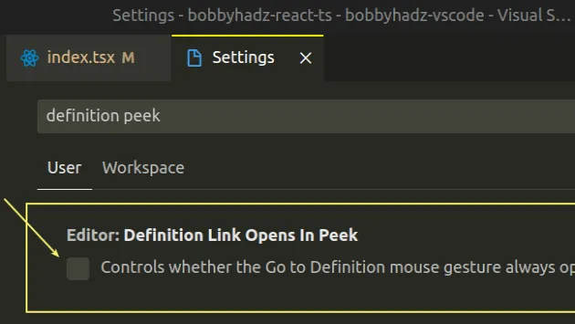 disable definition opens in peek mode by default