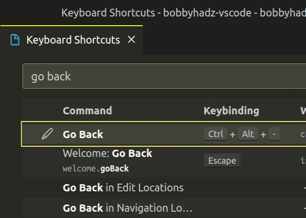 set custom keyboard shortcut for go back command