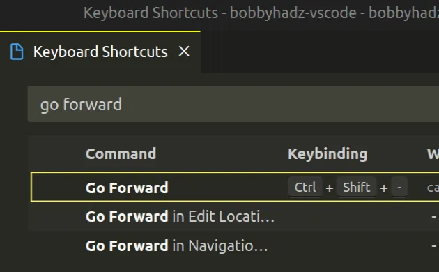 set custom keyboard shortcut for go forward command