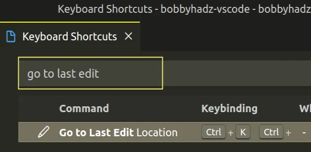 set custom keyboard shortcut for go to last edit command