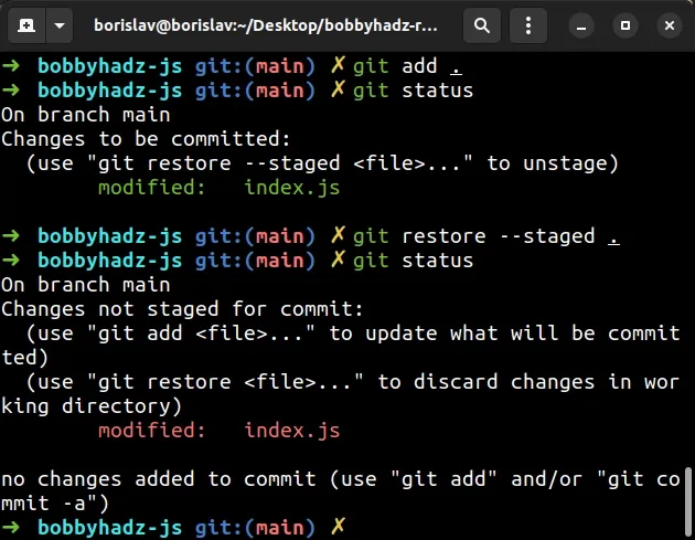 git stage and unstage using terminal