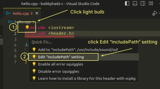 click light bulb and edit include path setting