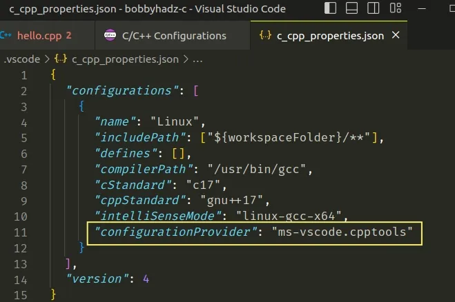 set configurationprovider property to ms vscode cpptools