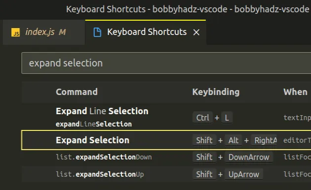 change expand selection keyboard shortcut