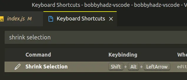 change shrink selection keyboard shortcut