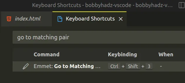 set custom keyboard shortcut to go to matching tag
