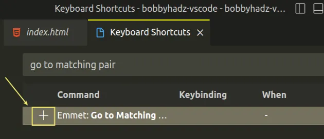 set keyboard shortcut for jump to closing tag