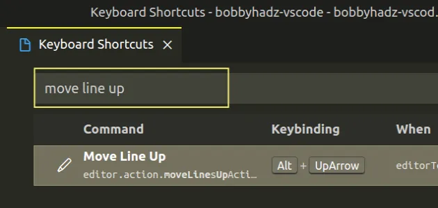 change keyboard shortcut move line up