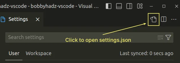 click on icon to open settings json