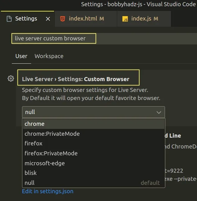select live server custom browser