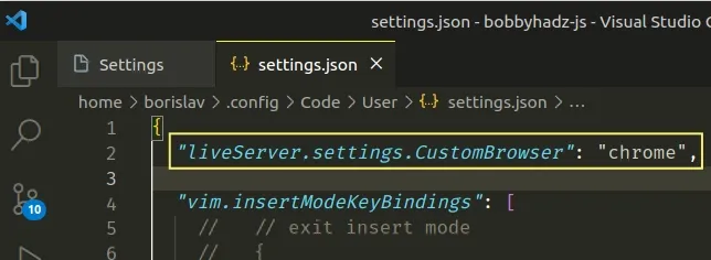 set live server default browser in settings json