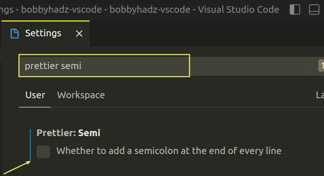 uncheck prettier semi