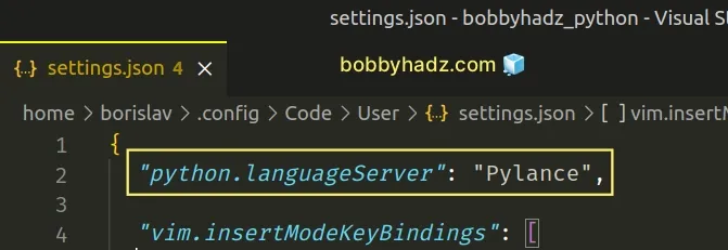 set python language server to pylance in settings json