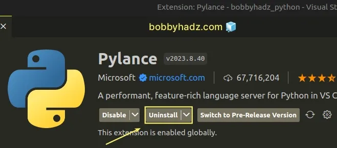 uninstall pylance extension