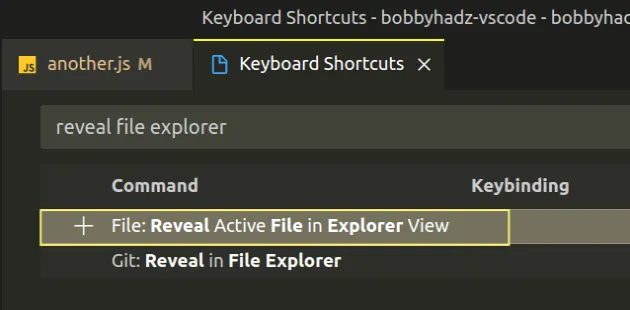 reveal active file in explorer custom keyboard shortcut