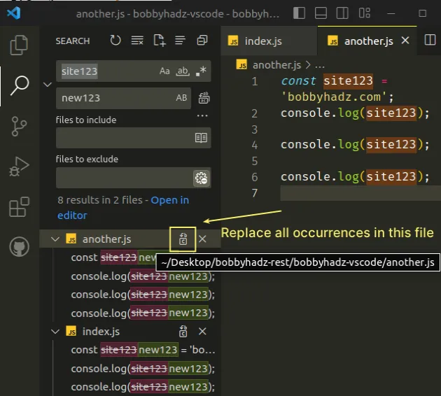 Select or Replace all occurrences of selection in VS Code | bobbyhadz