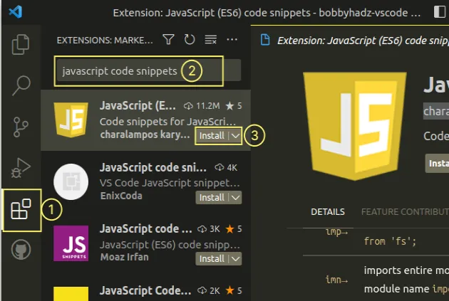 install javascript code snippets extension