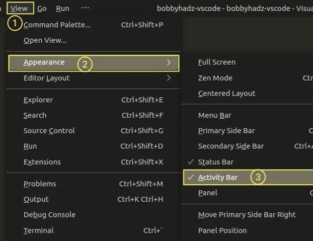 hide show activity bar using top menu