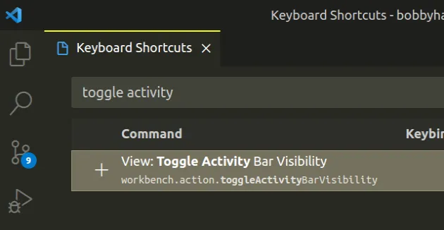 set keyboard shortcut toggle activity bar