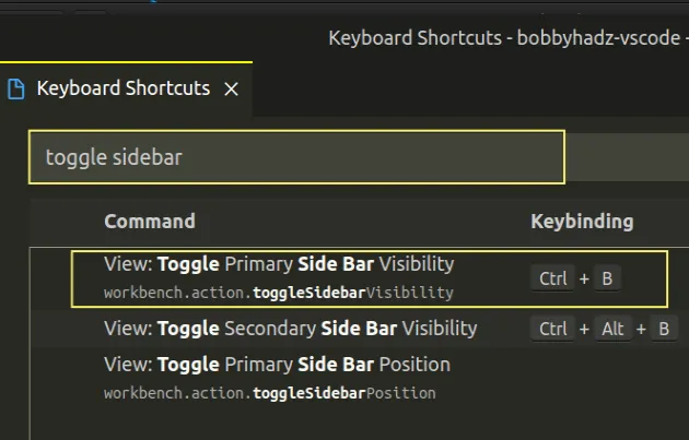 set new keyboard shortcut to toggle sidebar