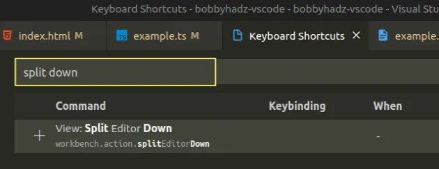 set keyboard shortcut split down