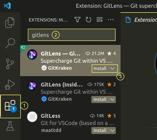install gitlens extension