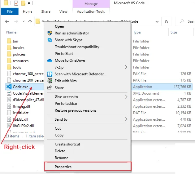 right click vscode executable select properties