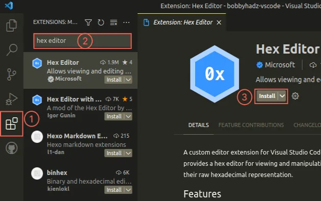 vscode install hex editor extension
