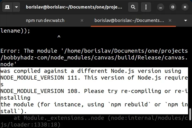 was compiled against different node js version using node module version