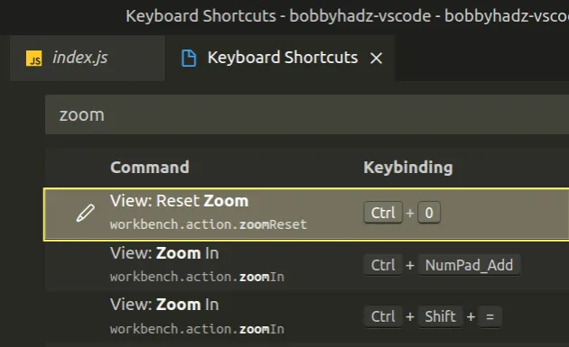 change reset zoom keyboard shortcut