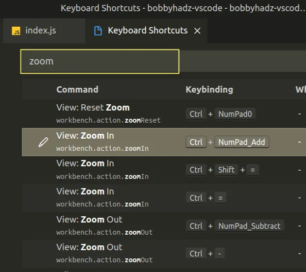set custom keyboard shortcuts zoom