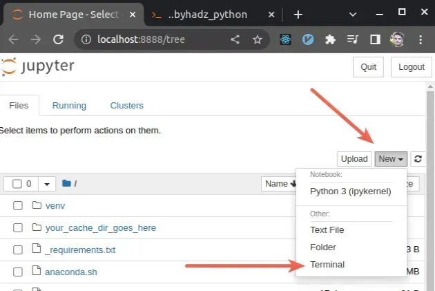 jupyter notebook click new terminal
